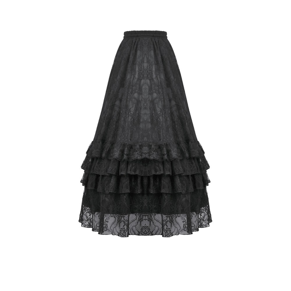 Dark in Love - Vintage Gothic Lace Layered Maxi Long Skirt - Black